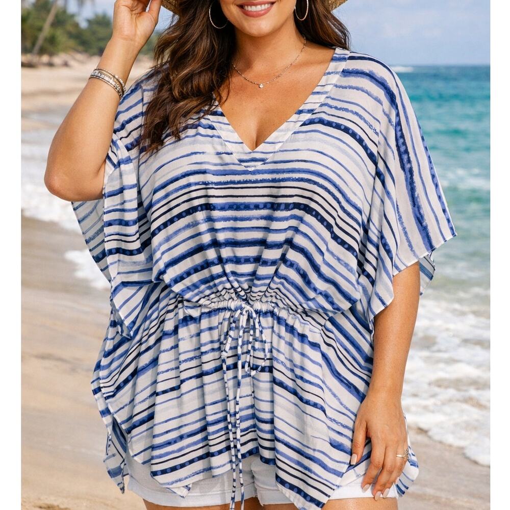 Catherines Blue and White Striped V-Neck Waist Tie Blouse